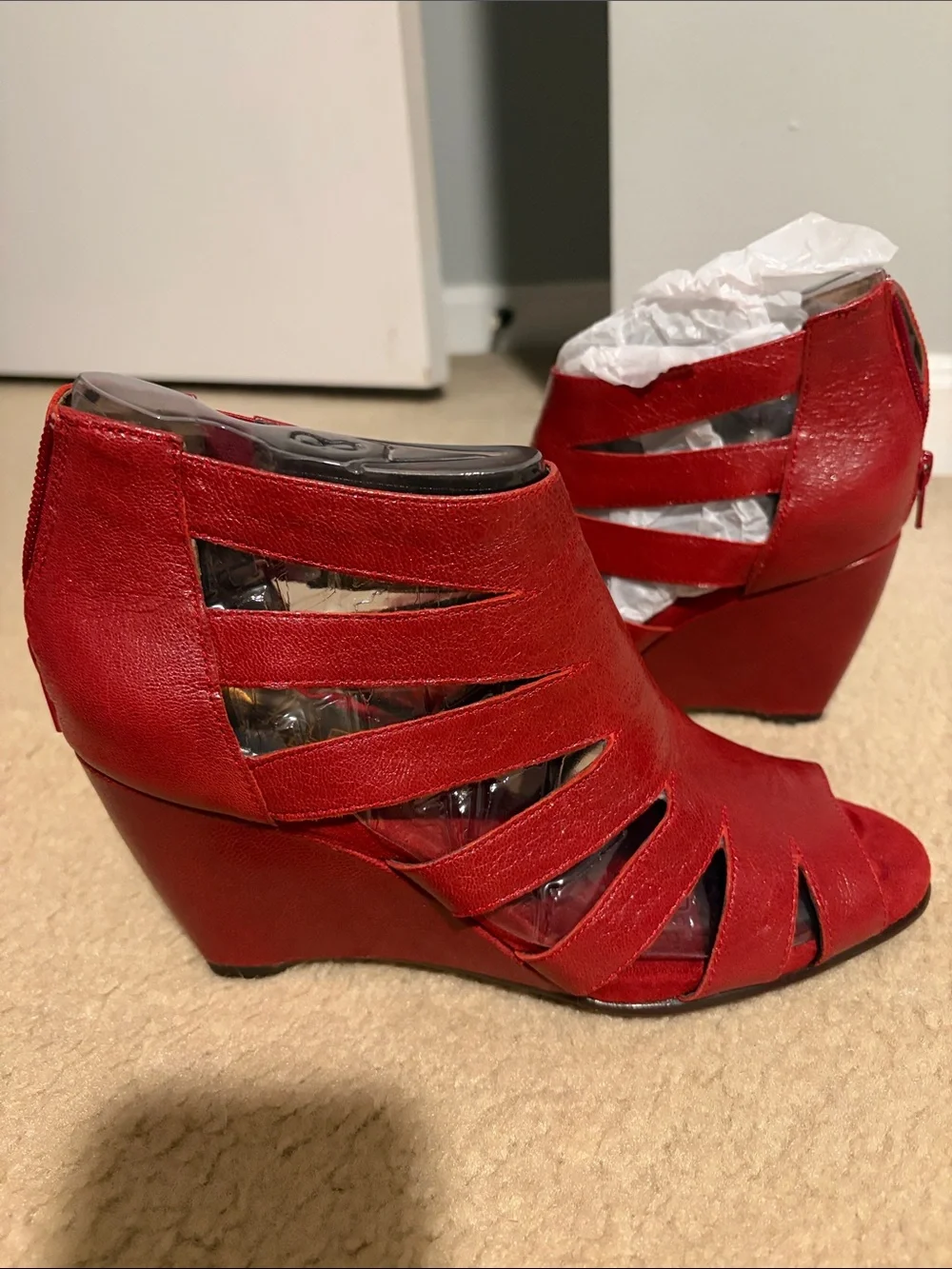 AEROSOLES Red Leather Peep-Toe Wedge Sandals